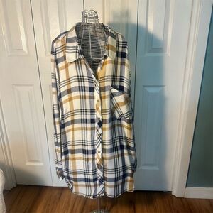 DEX Women's 3XL Plaid Button-Up Shirt Gold Navy White Casual Fall